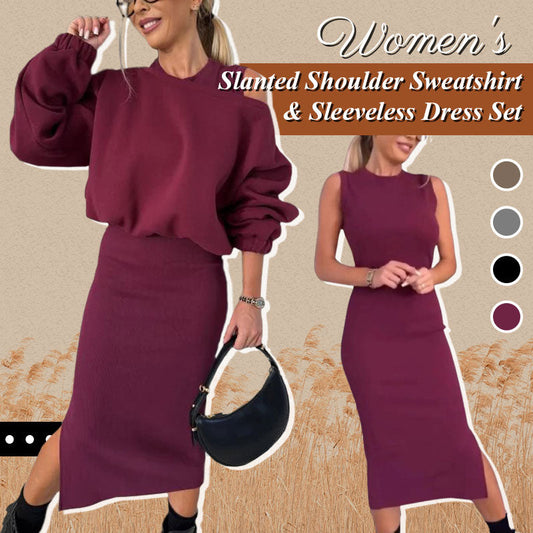 ❄️Early Winter Discount-49% OFF💃Women's Slanted Shoulder Sweatshirt & Sleeveless Dress Set