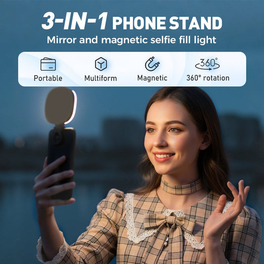 3-in-1 Phone Stand, Mirror and Magnetic Selfie Fill Light